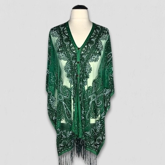 Vintage Y2K Sheer Lace Poncho Bohemian Floral Fringe Green - Picture 1 of 11